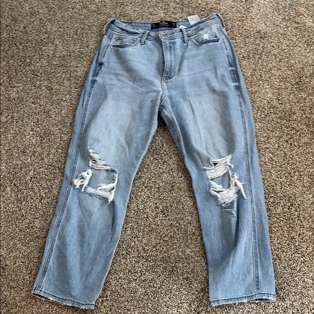 Hollister Blue Straight Leg Jeans with Distressed Details